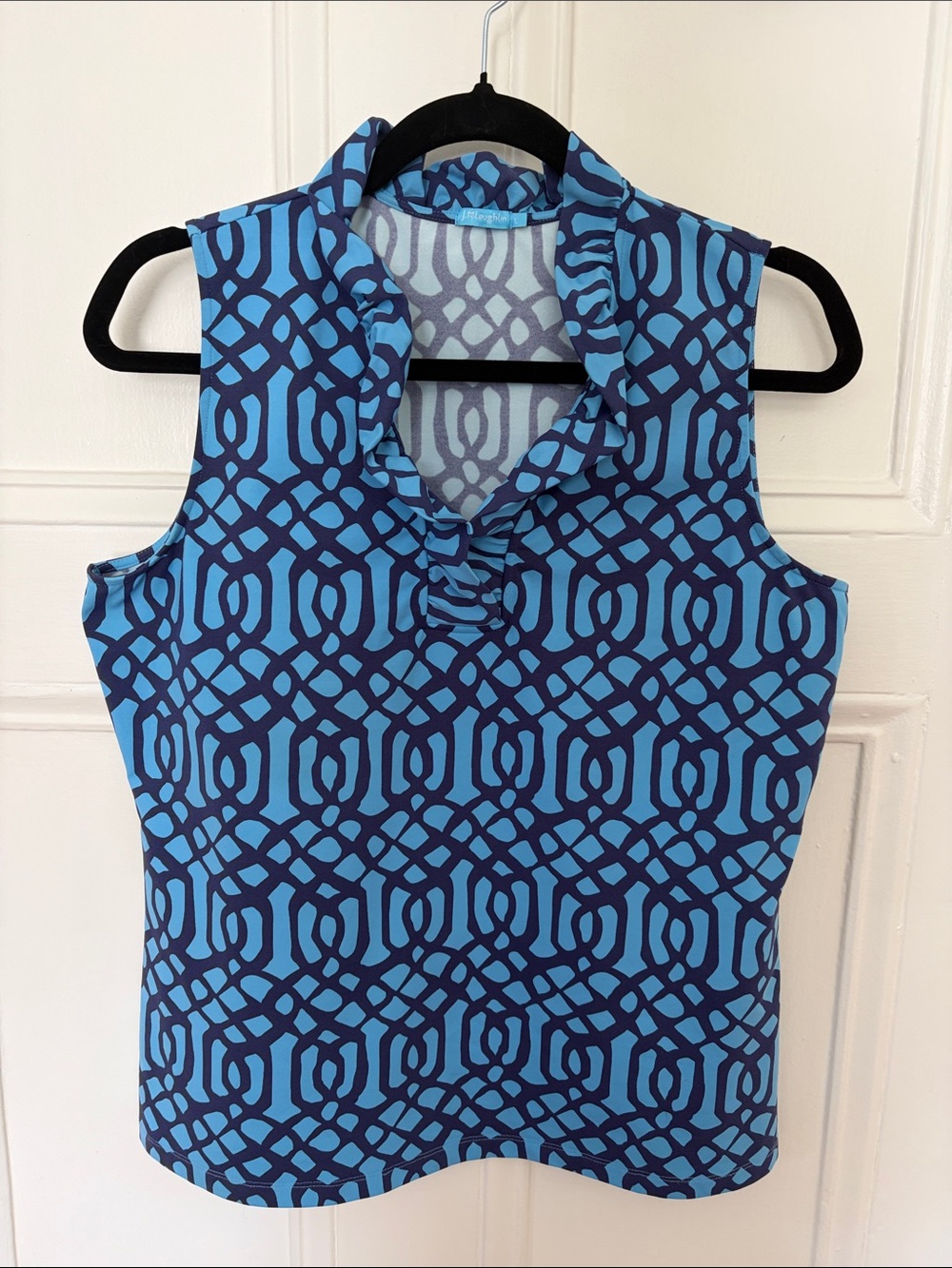 Durham Sleeveless Blue Geometric Ruffle Neck Catalina Cloth Large Top
